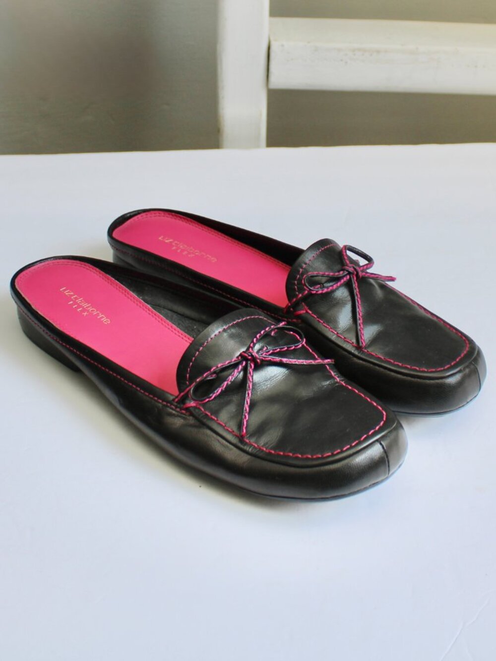 Liz Claiborne Flex Cadence 2 Black Leather Pink Mule Loafers Women's Size 8